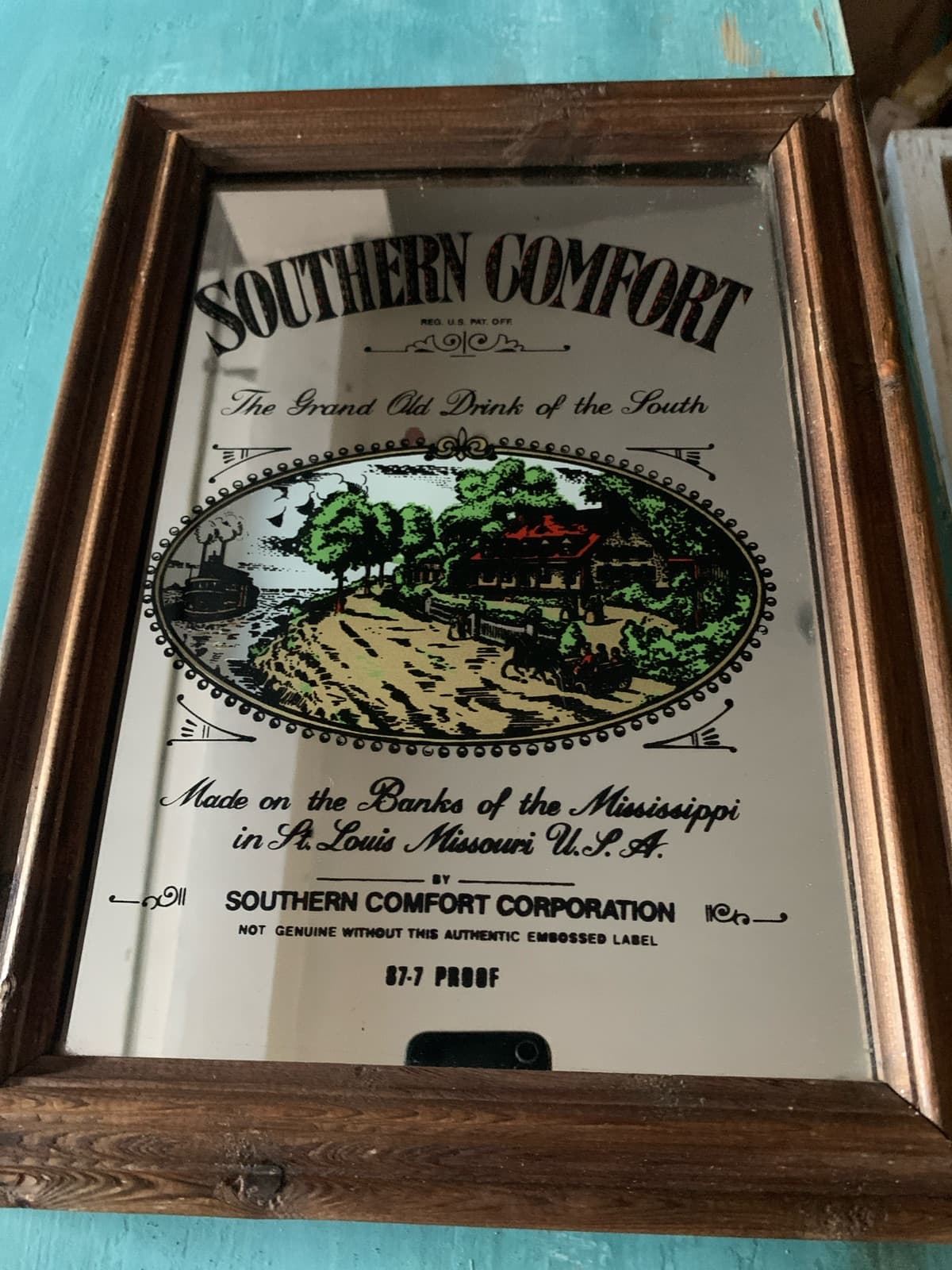 Vintage Southern Comfort Mirror in Wood Frame
