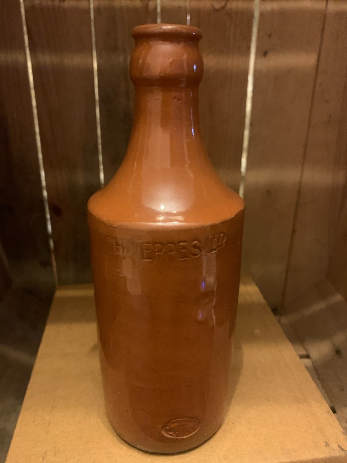 Vintage Brown Schweppes Stoneware Bottle with Embossed Text