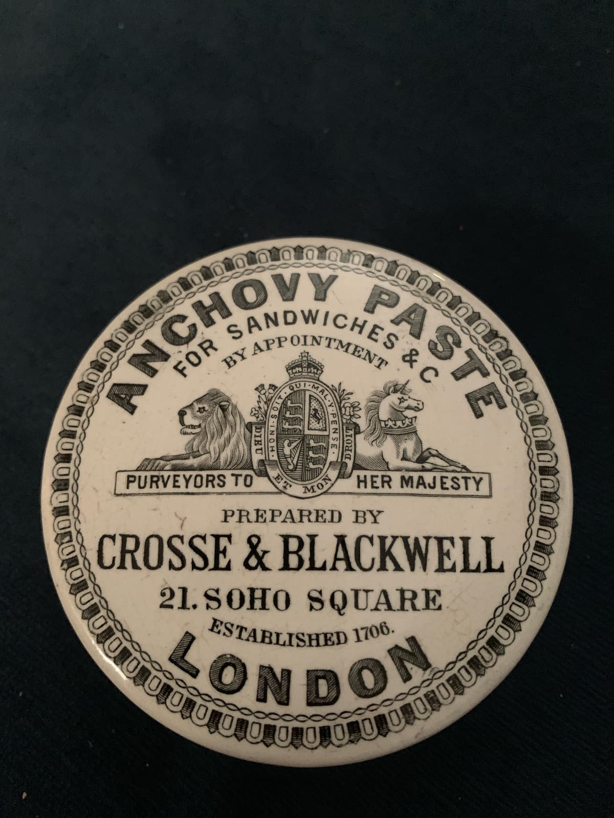 Vintage Anchovy Paste Pot - Crosse & Blackwell, Soho Square London