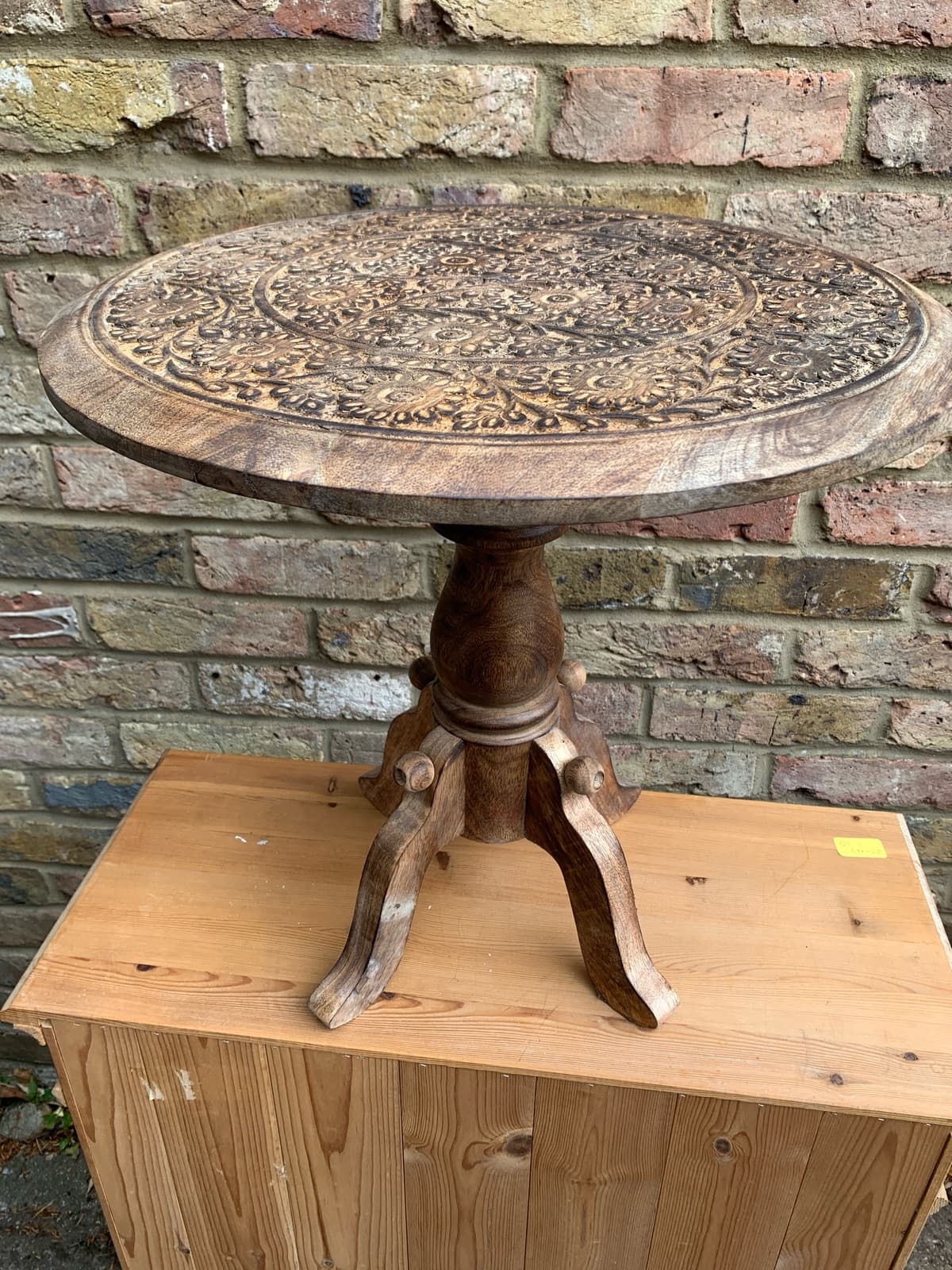 Ornate Carved Wood Pedestal Side Table
