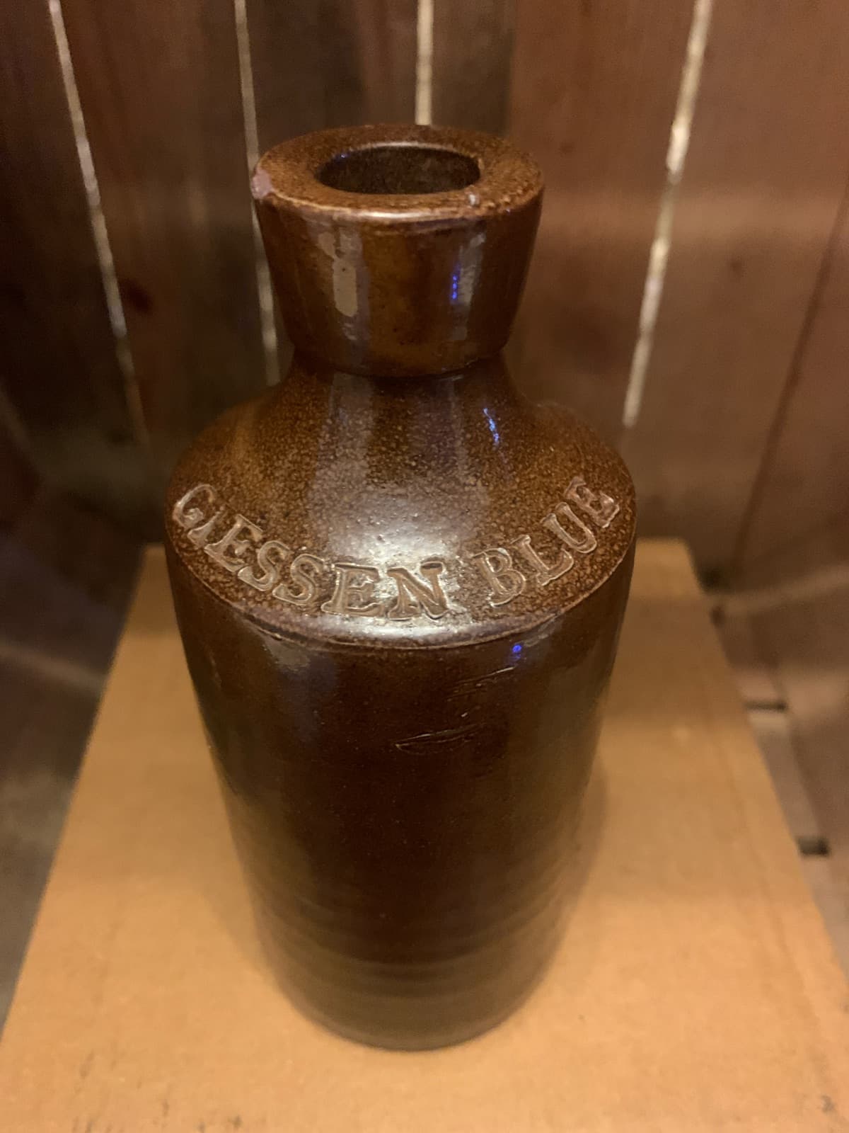 Vintage Brown Stoneware Ink Bottle with Embossed Text