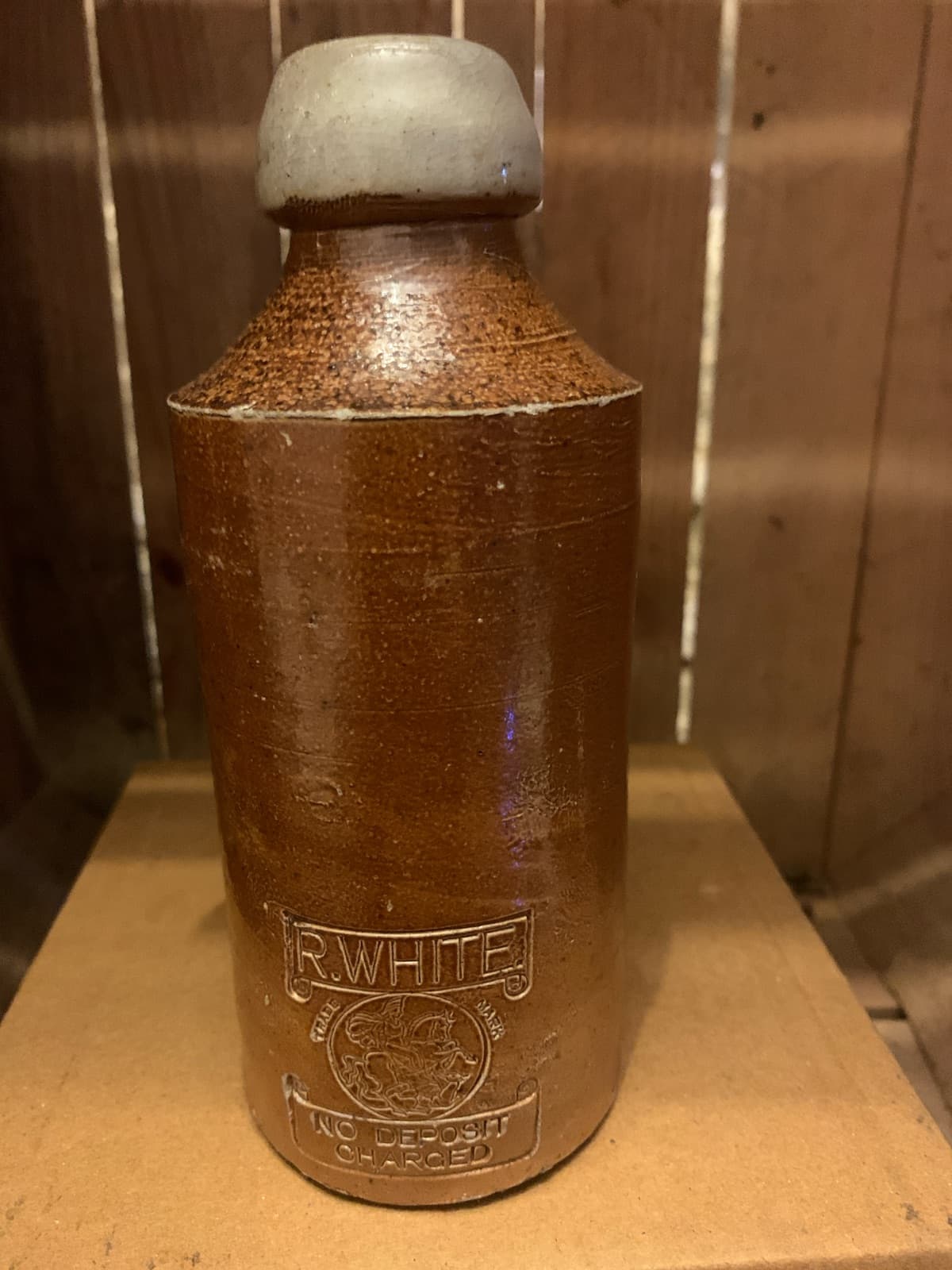 Vintage R. White Stone Bottle with Ceramic Stopper
