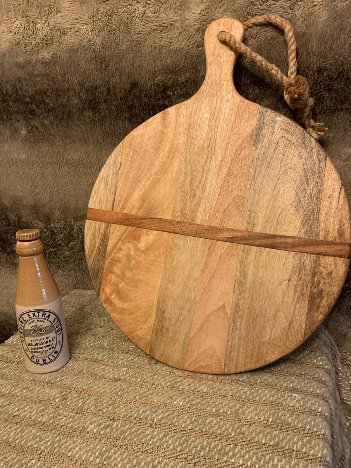 Large Vintage Round Wood Cutting Board with Rope Handle