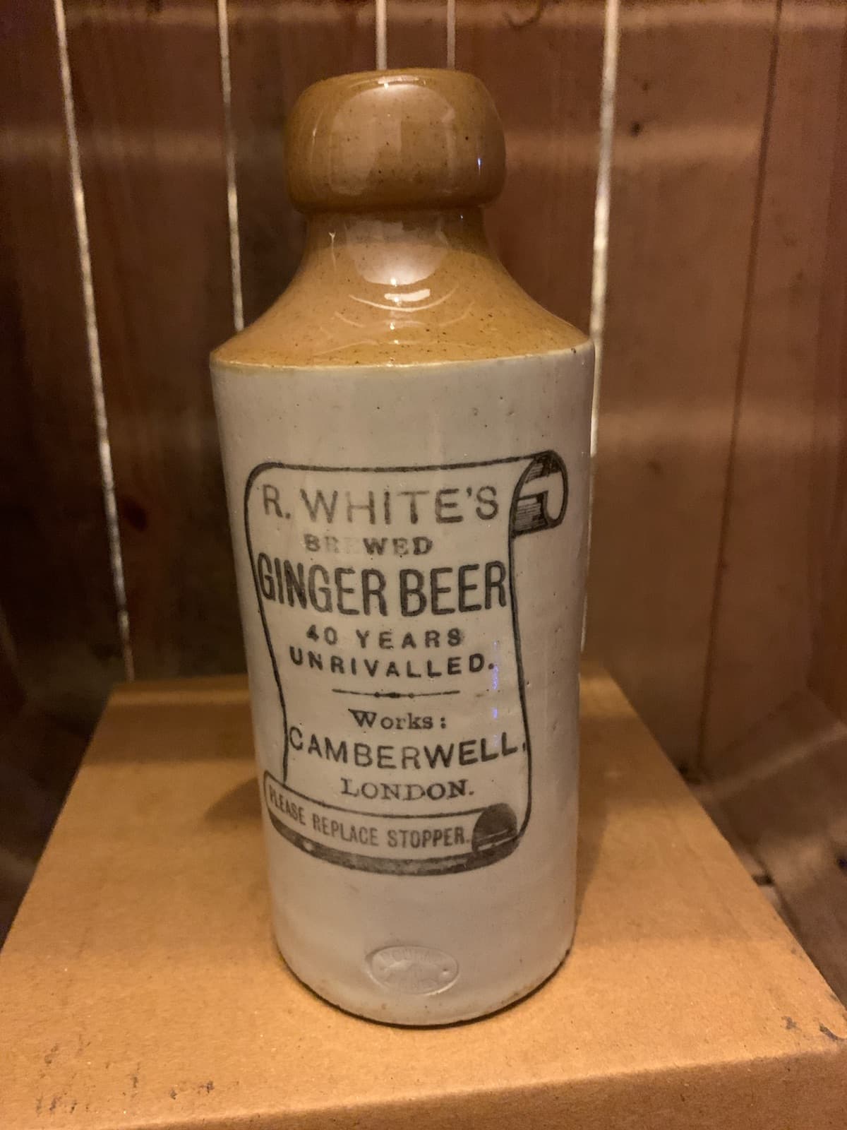 Vintage R. White's Brewed Ginger Beer Stoneware Bottle - Camberwell London