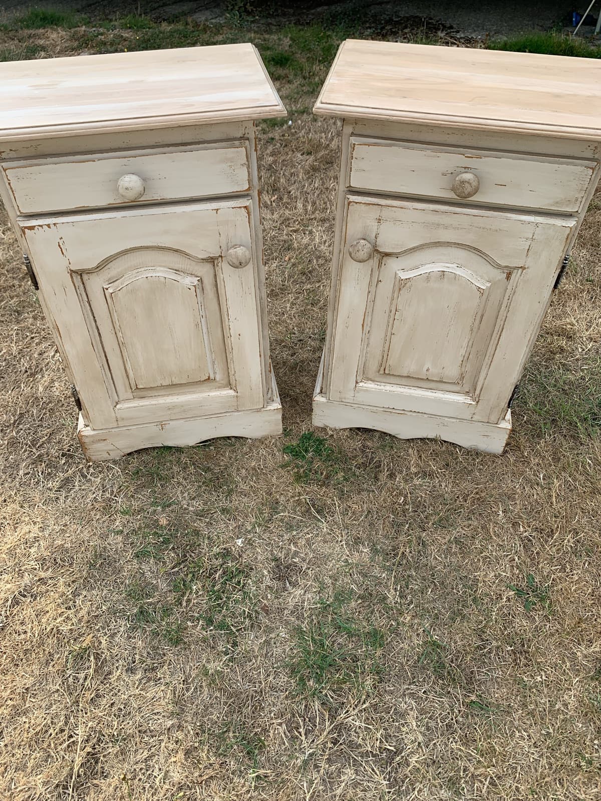 Pair of Vintage Cream Distressed Nightstands with Drawer and Cabinet