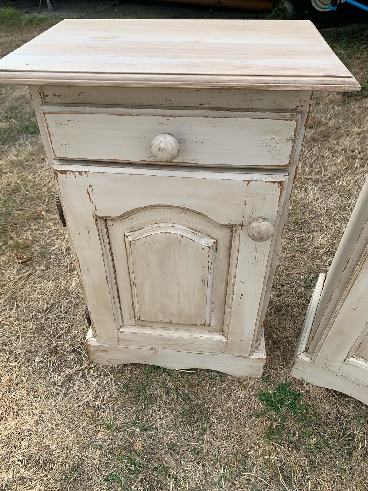 Pair of Vintage Cream Distressed Nightstands with Drawer and Cabinet