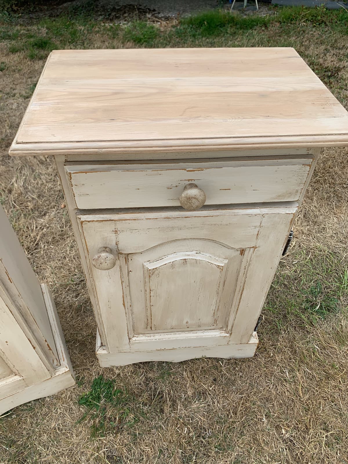 Pair of Vintage Cream Distressed Nightstands with Drawer and Cabinet