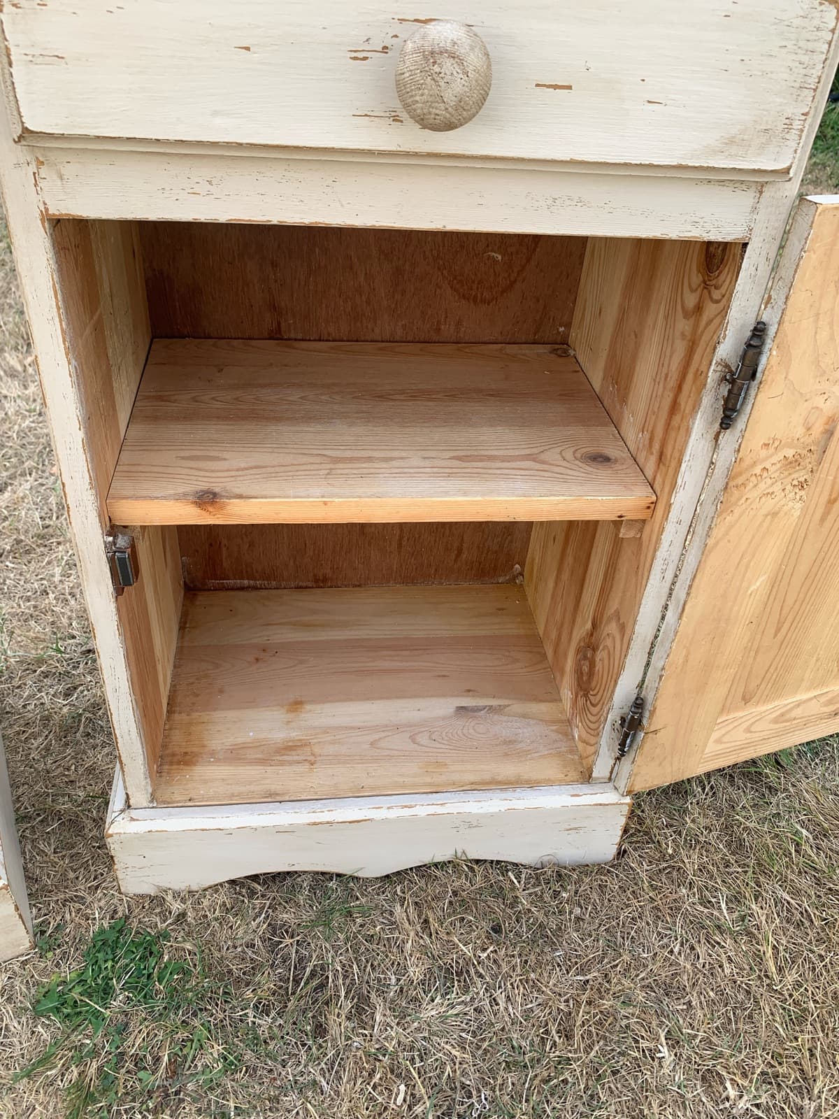 Pair of Vintage Cream Distressed Nightstands with Drawer and Cabinet