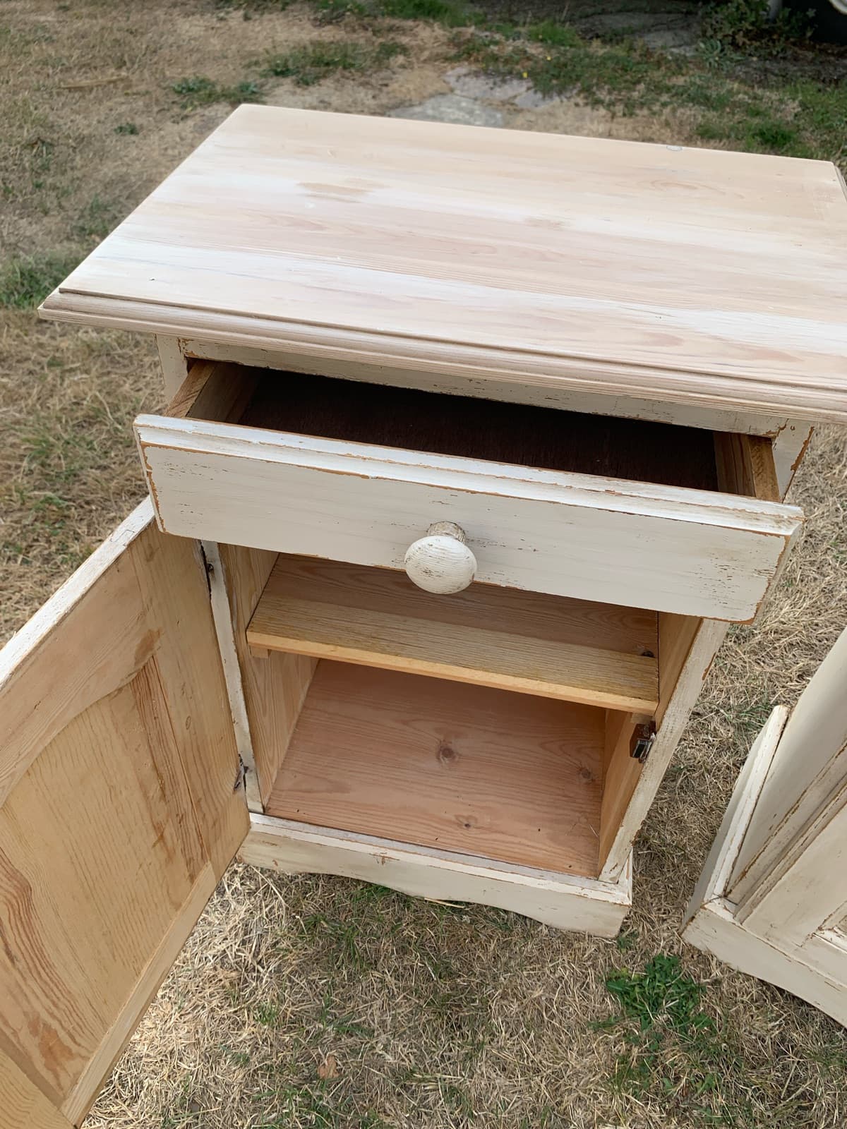 Pair of Vintage Cream Distressed Nightstands with Drawer and Cabinet